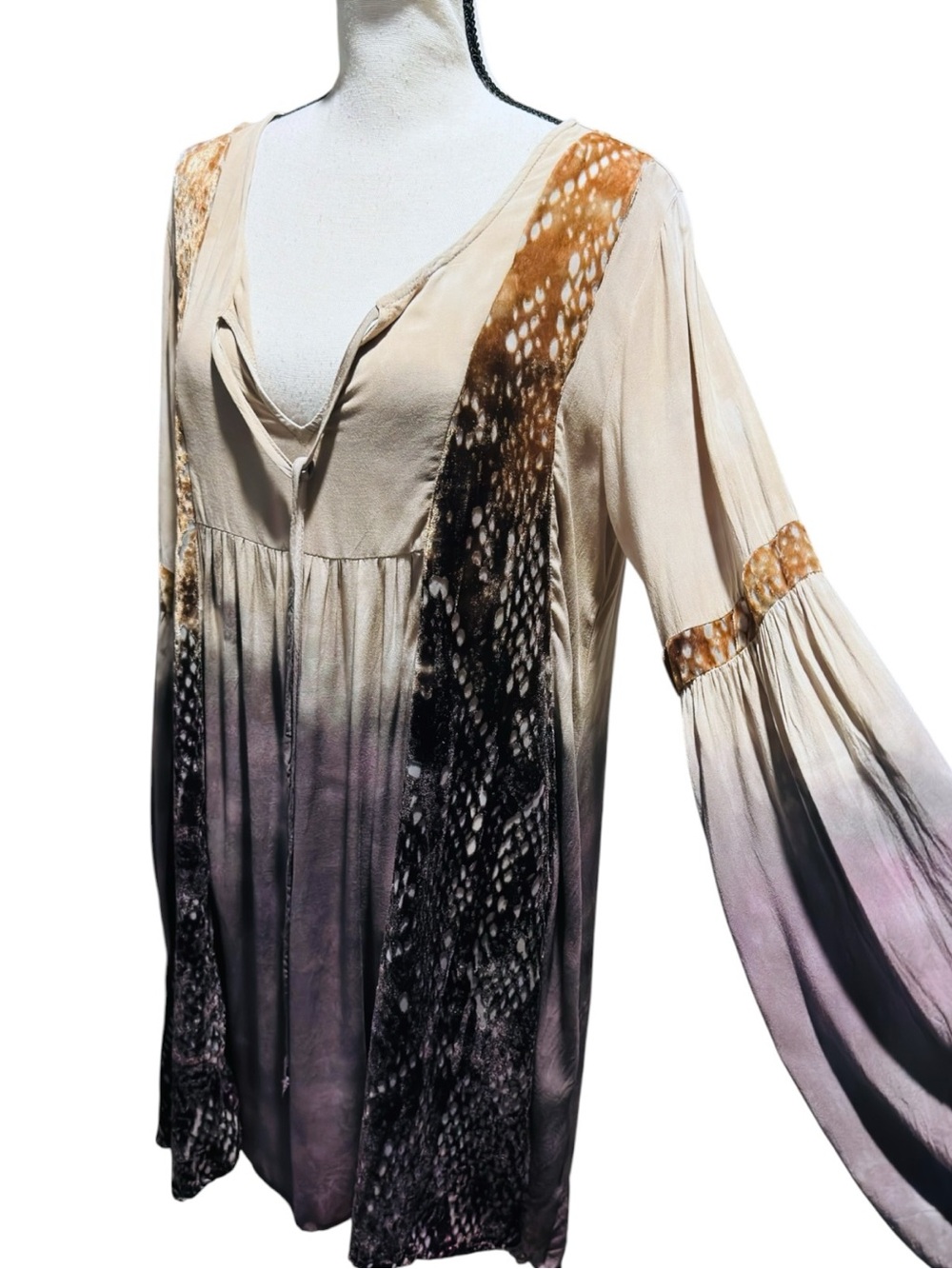 Boho Tie-Front‎ Tunic Dress in Cream, Brown & Purple - Picture 7 of 8